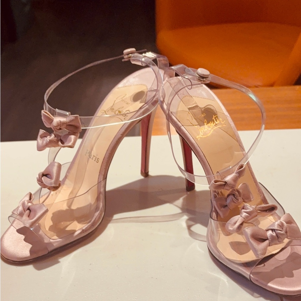 Christian Louboutin Just Nodo 85 Heels 38.5 Pink Satin Bows PVC Slingback Heels